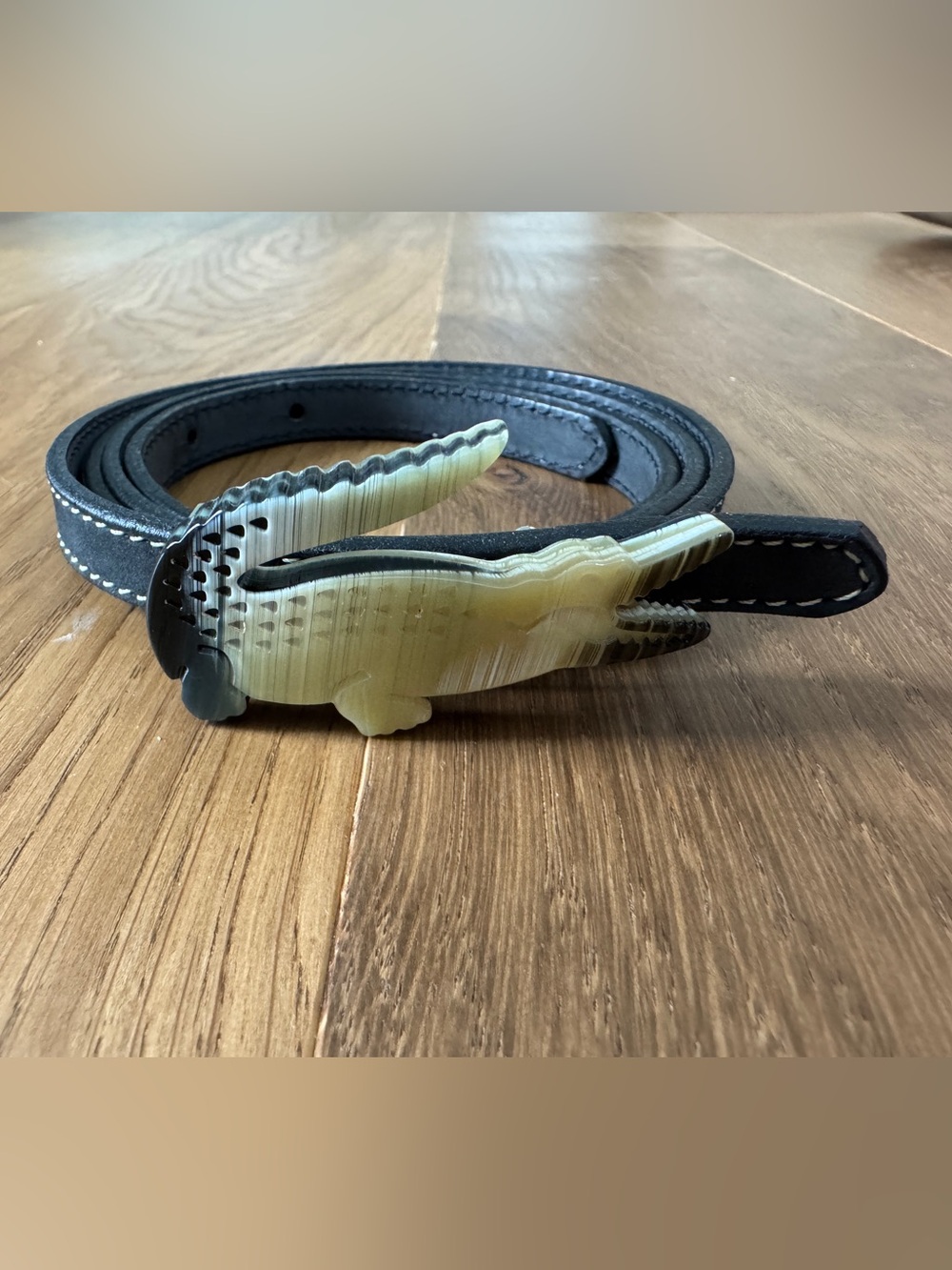 Black Leather Lacoste Women's Belt with Crocodile Buckle